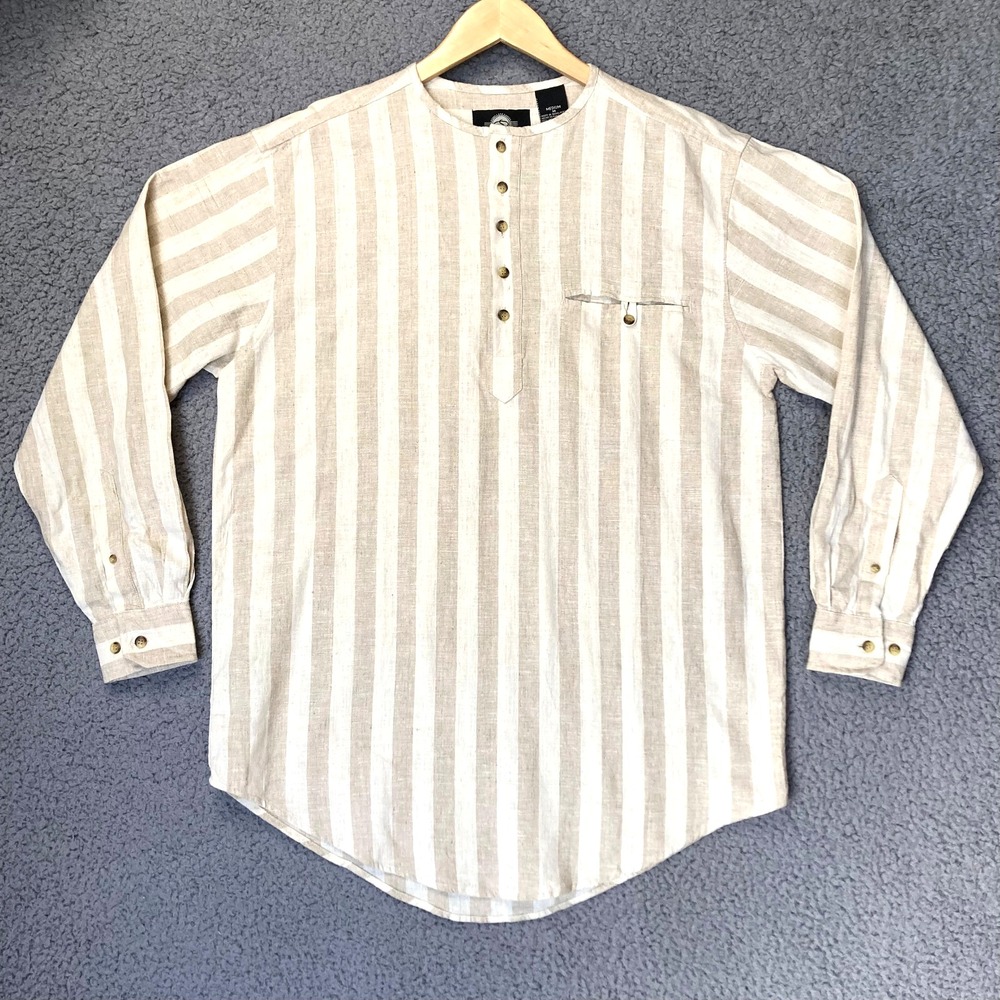 VTG Santana Linen Henley Coastal Khaki Striped Woven Resort Beachy Tunic Women M
